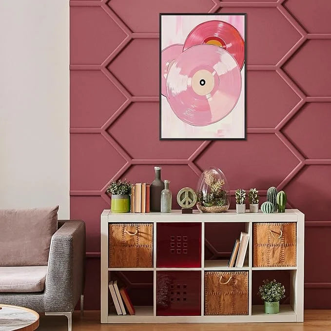 Retro Vinyl Rotation Art - Pink Record Disc Trio Frameless Decorative Painting for Music Lover's Wall