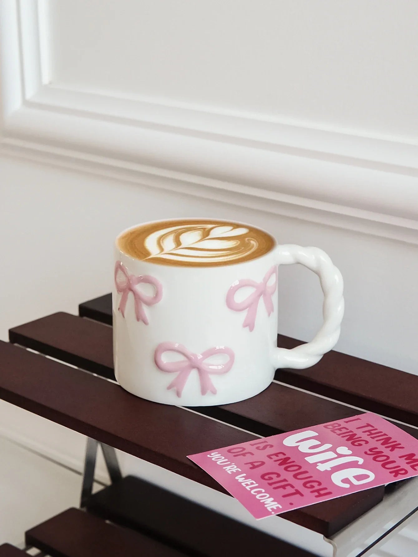 Pink Bow Ceramic Mug, Twist Handle Ceramic Mug, Exquisite and Simple Pink Embossed Mug