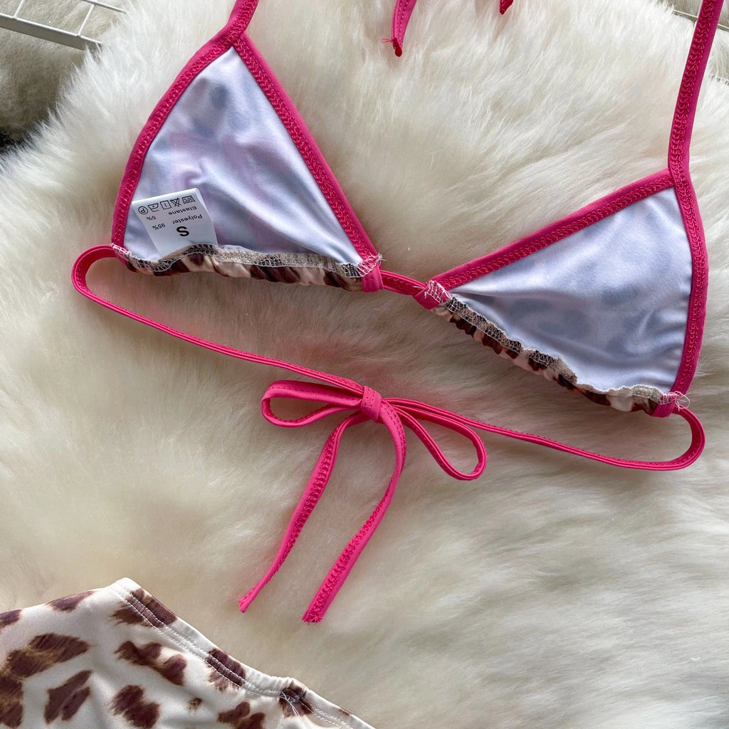 Leopard Bikini Hotsweet Three Piece Set Halter Bra+Slim Shorts+Mini Briefs Women Lace-Up Backless Sexy Suits