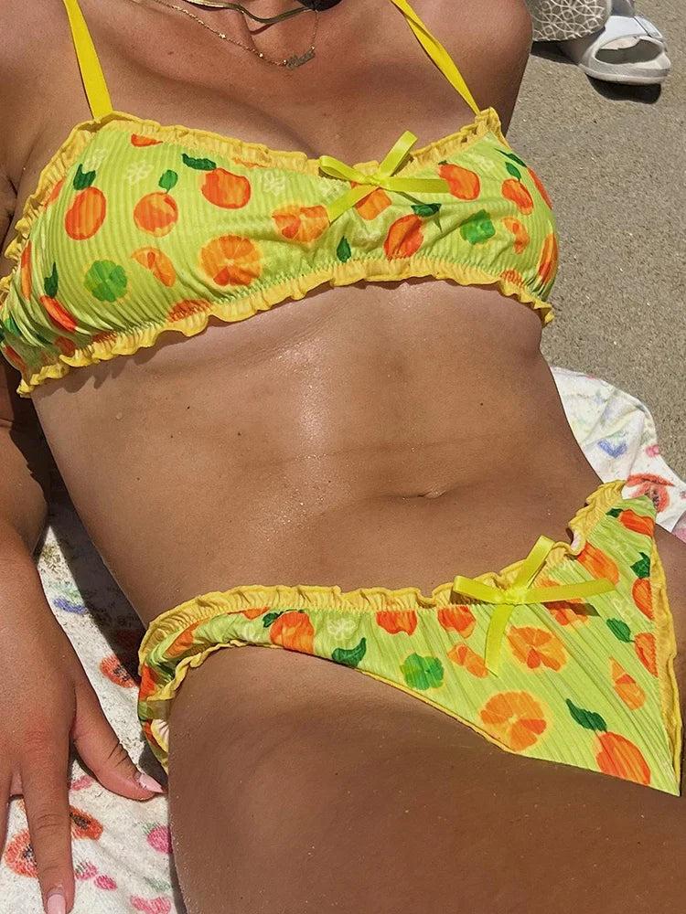 Fruit Ruffle Two Piece Suit Print Low Waist Women Swimwear