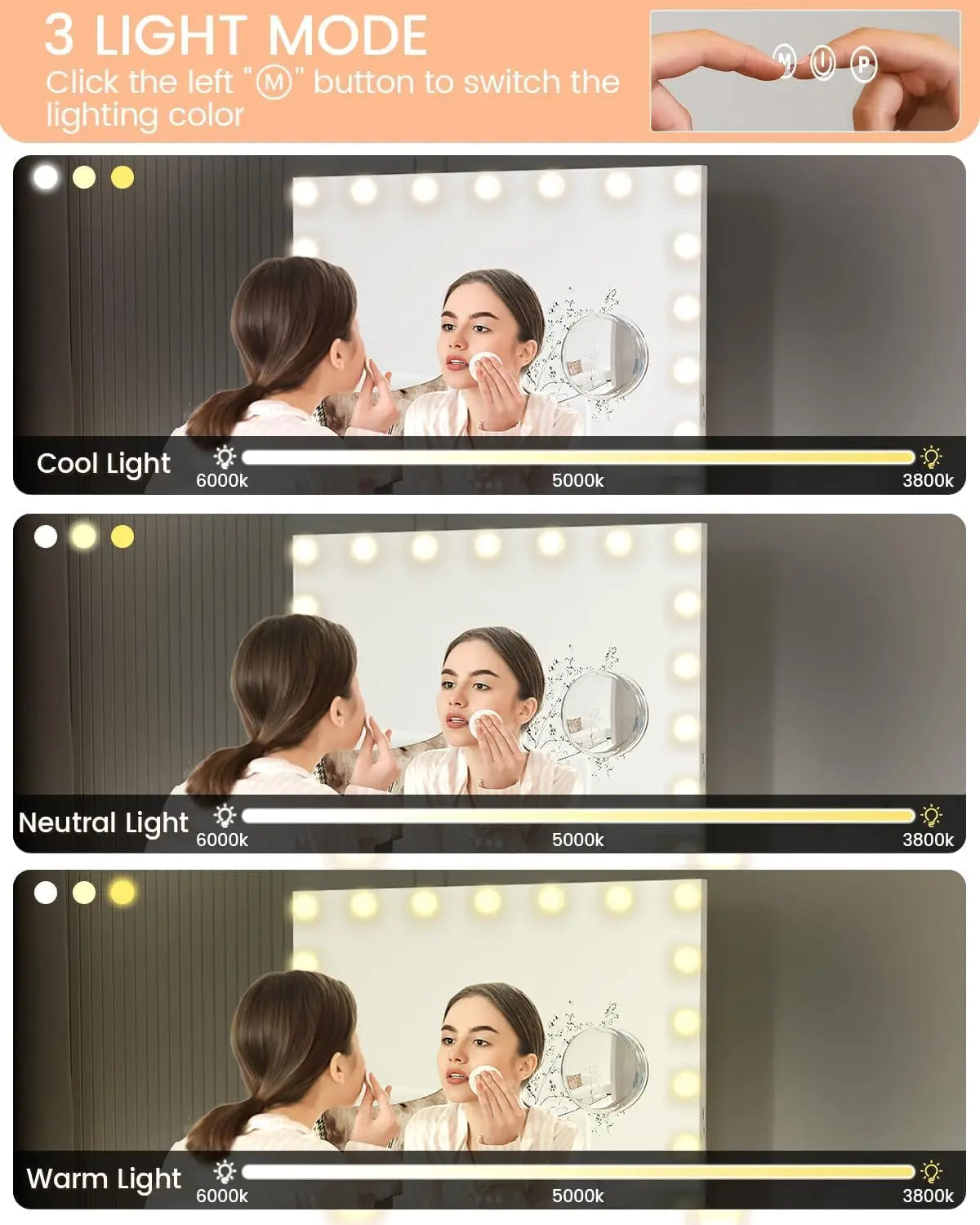 Vanity Mirror with Lights 17 Dimmable Led Bulbs Lighted 3 Color Modes Touch Control Makeup Mirror 3X Magnification