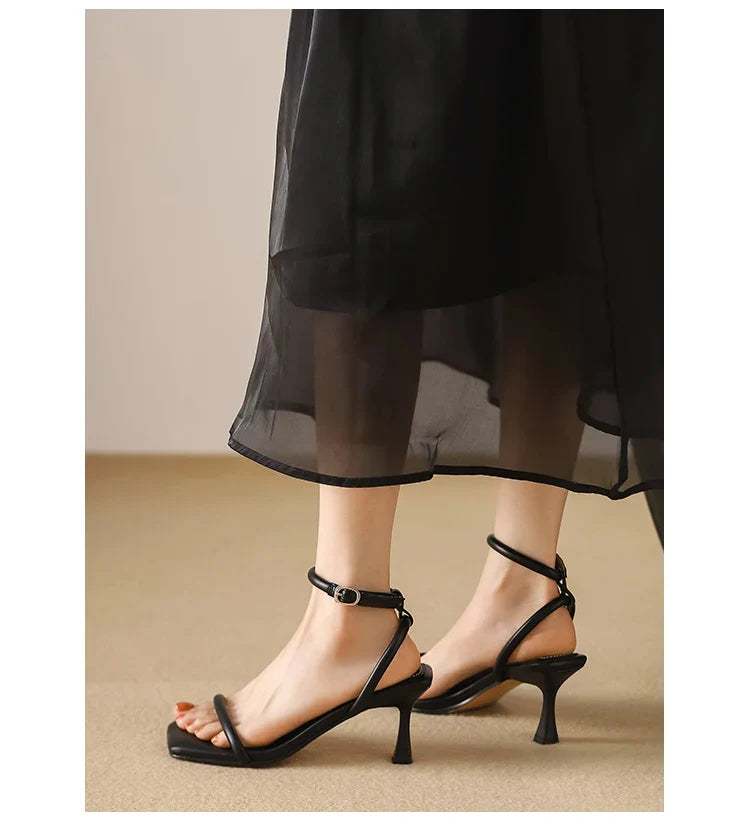 Women's High Heel Sandals Square Toe Thin Heels One-length Strip Open Toe Sandals