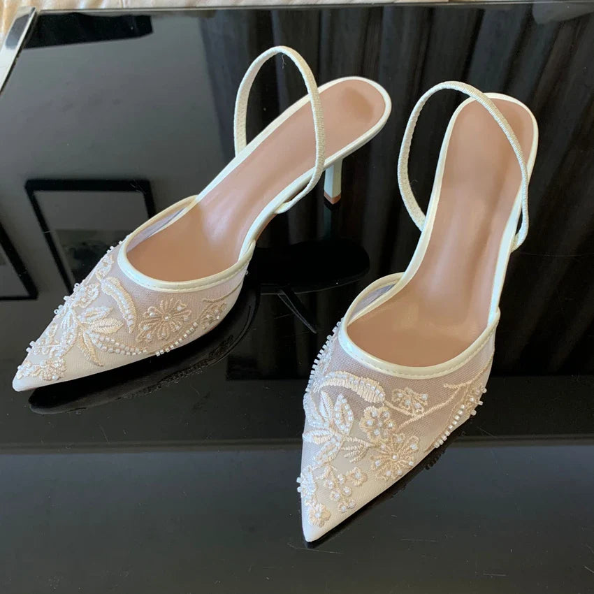 Brand Designer White Women Pumps Mesh Embroidered Flowers Back Strap Sexy Slingback High Heels