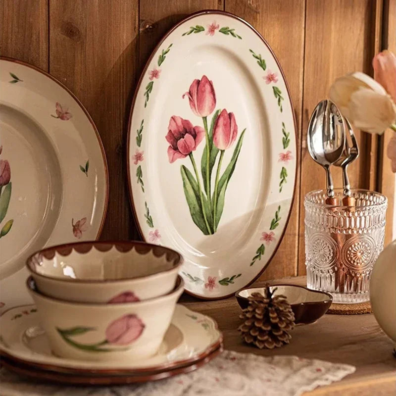 Retro Tulips Flower Ceramic Light Luxury Exquisite Dessert Plate