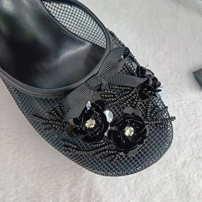 Summer Mesh Flower Beads Women Slides Sexy Thin Heel Sandals