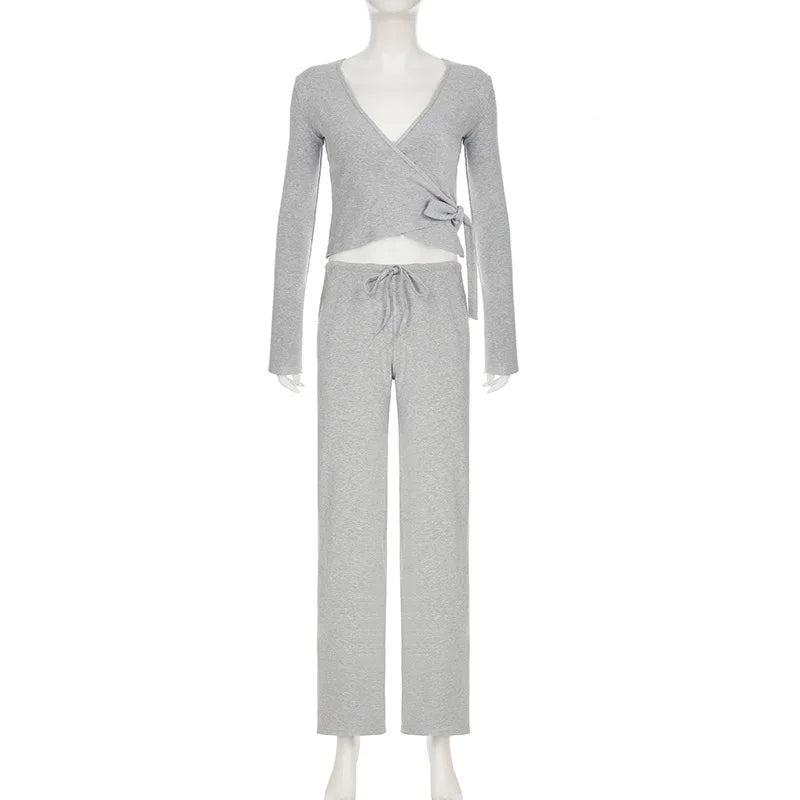 Fashion Drawstring High Waist Trousers Set Lace Up Flared Sleeve V Neck Twist Tops Plush Loose Pants Suit