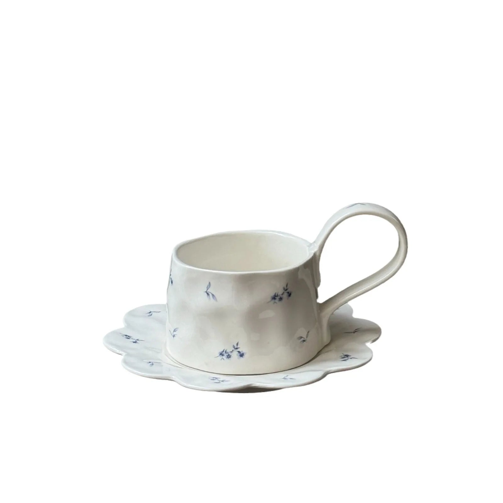 Vintage Floral Handmade Ceramic Cup Plate with Ribbon Handle Cup