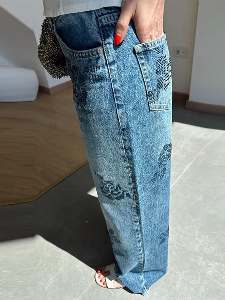 Vintage Floral-Shaped Diamond Light Blue Women Flared Denim Jeans High Waist Baggy Dragging Pants Inspired Fashion Chic Casual
