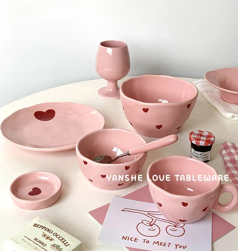 Pink Heart Pattern Ceramic Plate l Cup Bowl Dinner Tableware