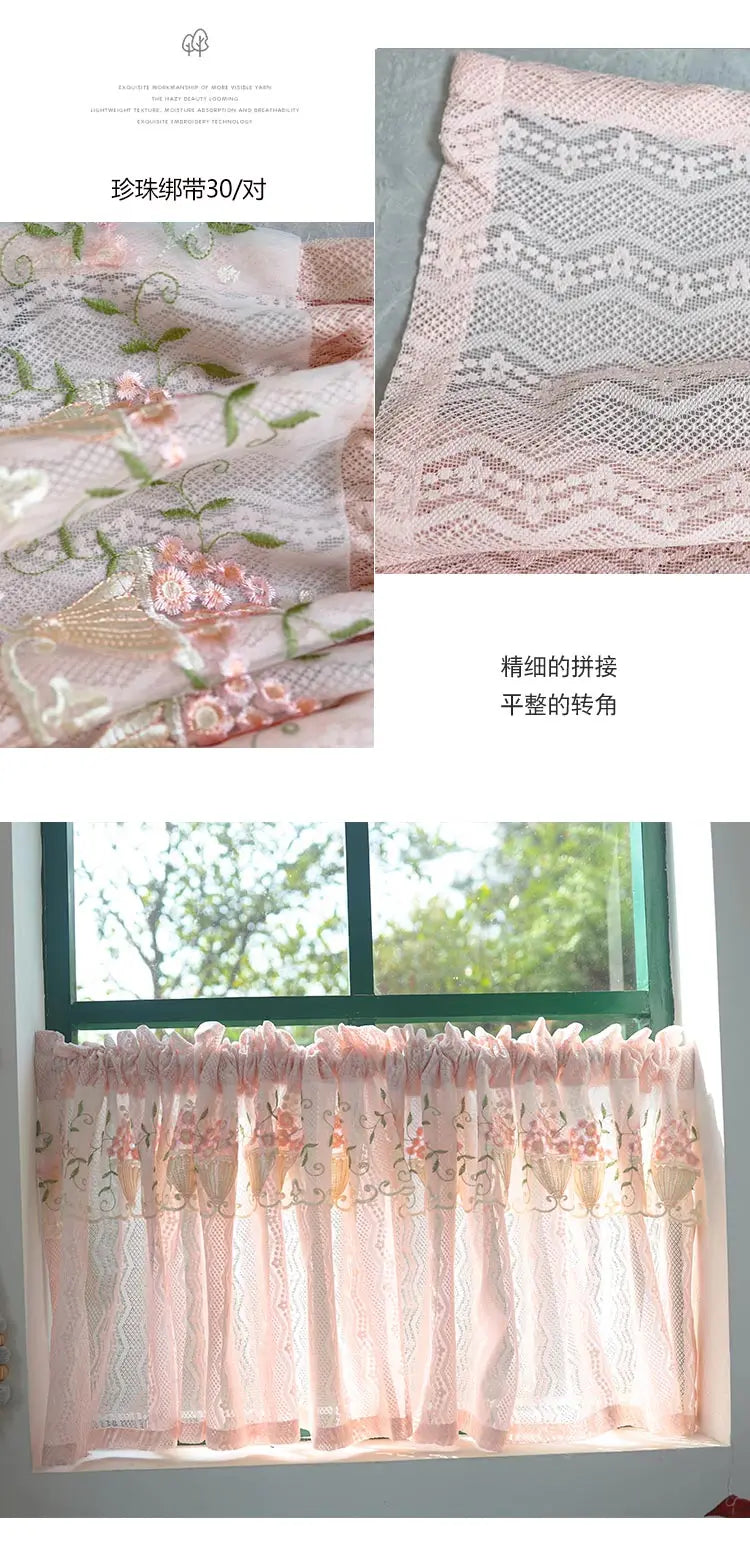 Pink Small Window Short Curtain Embroidery Floral Lace Half Window Curtains Sheer Tulle Home Decoration