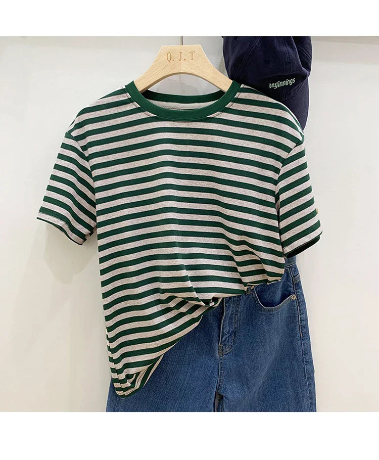 Summer Short Sleeve Striped T-Shirts Versatile Women Knitted Basic Casual Tops Female Cozy Loose Cotton Tees