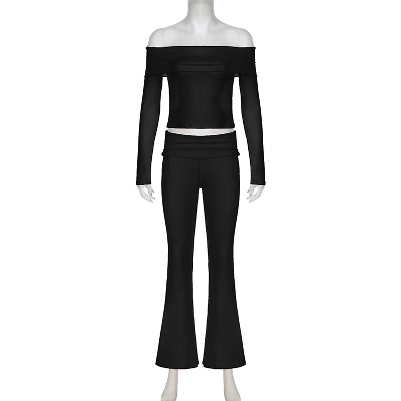 Slash Neck Top and Casual Pants Sets Women's Two Pieces Of Outfits Streetwear Solid Fashion Y2K Basic Slim Clothes