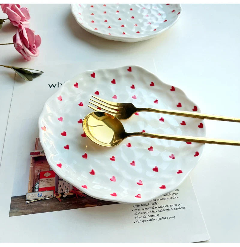 Red Hearts Ceramic Hand-Made Irregular Shaped Porcelain Plates