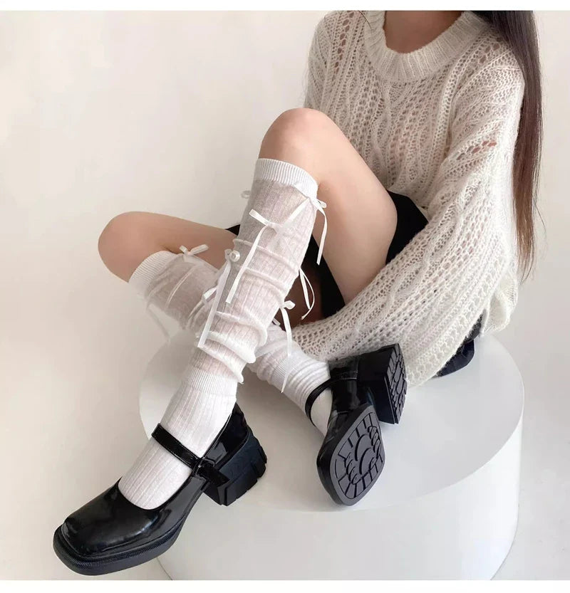 Sweet Lolita Style Stockings Students Fashion Basic Bowknot Knee-high Socks Cotton Fabric Women Mid-calf Sock