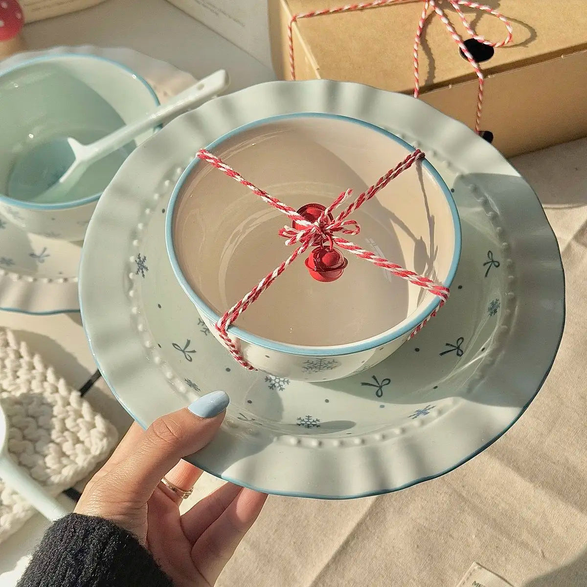 Ceramics Blue Bows Bowl & Plate Dinnerware