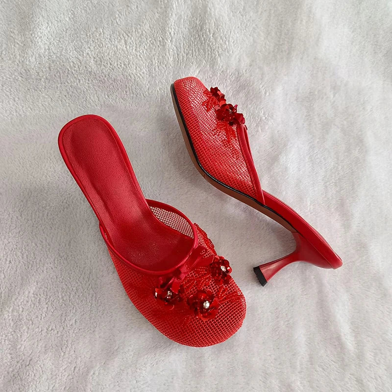Summer Mesh Flower Beads Women Slides Sexy Thin Heel Sandals