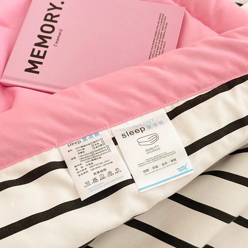 Stripe Quilt set Pink And White Bedding Set with Flat Sheet Set Soft  Fluffy Embroidery Quilt Set