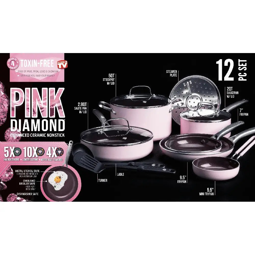Nonstick Diamond Ceramic Cookware Set Pink Pot Pan Stockpot Frypan Utensils Ladle