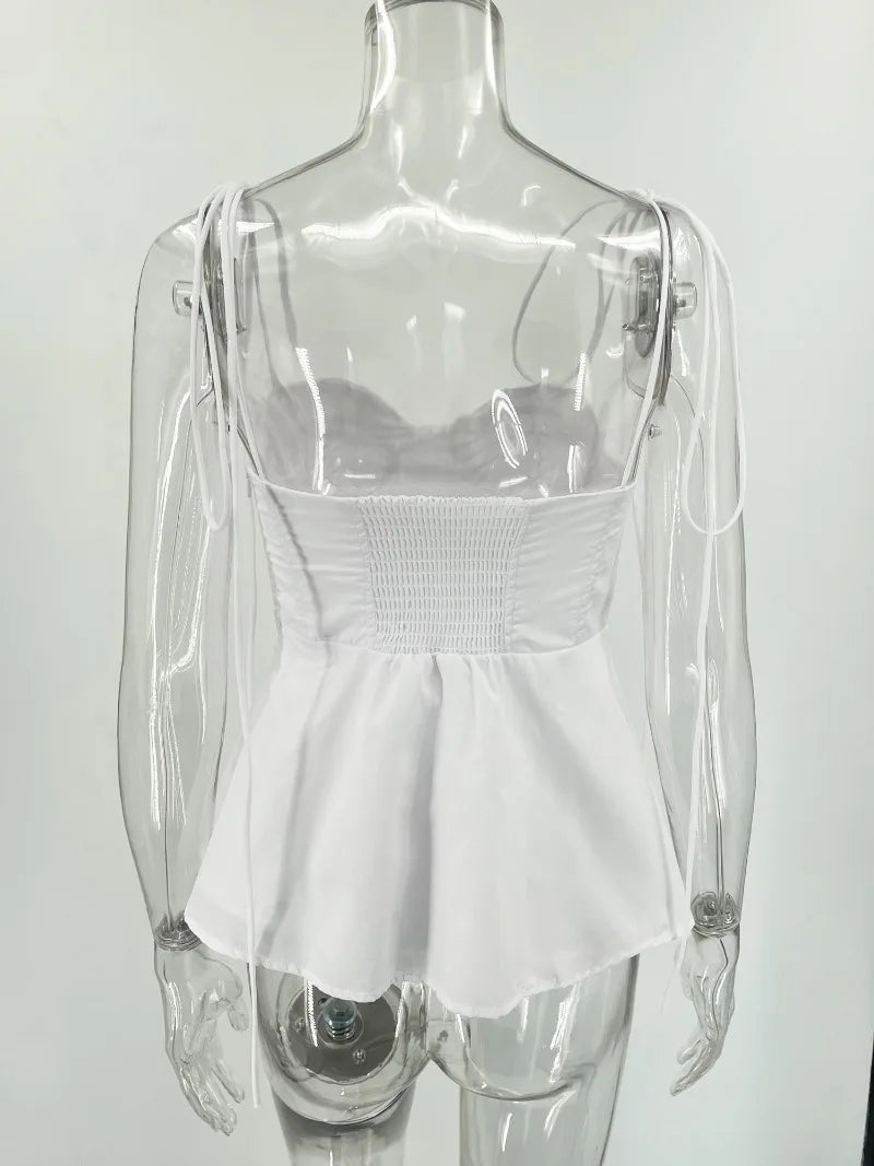 White Smocked Strappy Camisole Women's Sexy Sleeveless Ruffle Slim Bra Solid Color Streetwear Y2k Women's Tops Camisole