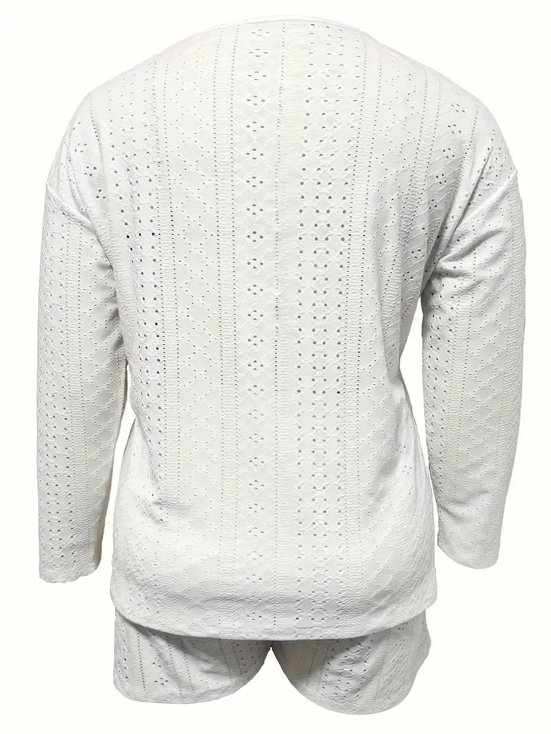 Plus Size Eyelet Casual Shorts Set, Crew Neck Long Sleeve Top & Shorts Outfits, Women's Plus Size Clothing