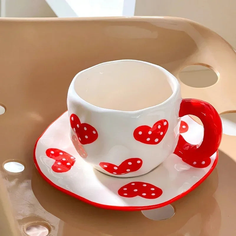 Ceramic Coffe Mug Hand Pinched Irregular Hand-painted Love Heart Cherry Pattern Cup with Saucer