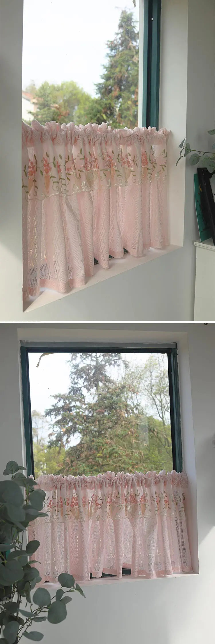 Pink Small Window Short Curtain Embroidery Floral Lace Half Window Curtains Sheer Tulle Home Decoration
