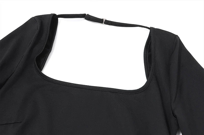 Sexy Lingerie Solid Backless Bodysuit Y2K Square-neck Long Sleeve Bodycon