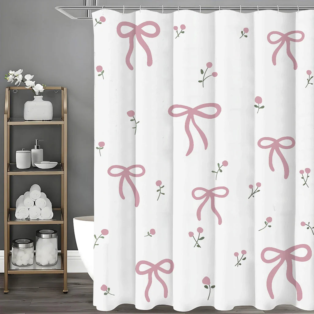 Pretty Pink Floral Bow Printed Shower Curtain with 12 Hooks, Mildew Resistant and Waterproof Bathroom Decoration