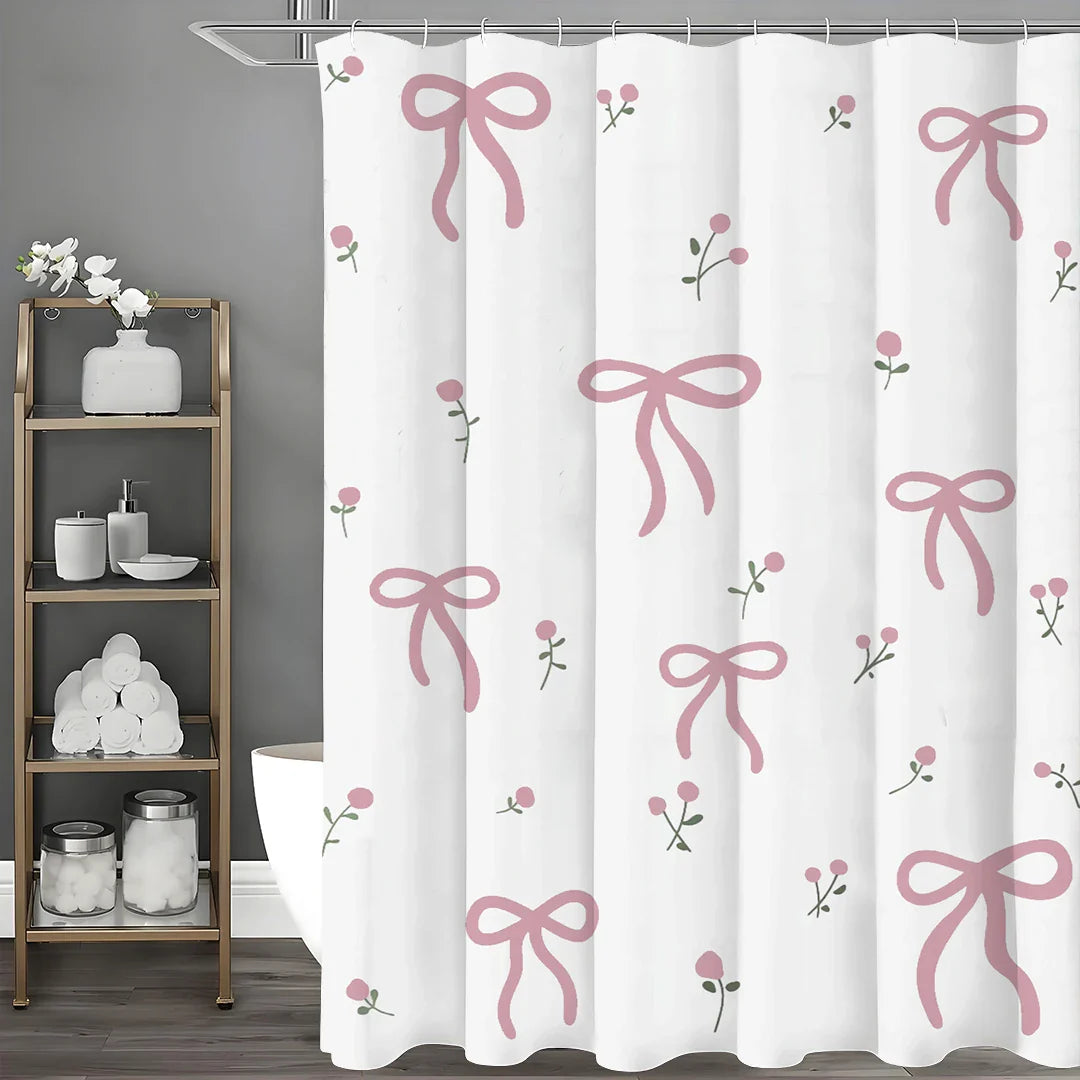 Pretty Pink Floral Bow Printed Shower Curtain with 12 Hooks, Mildew Resistant and Waterproof Bathroom Decoration