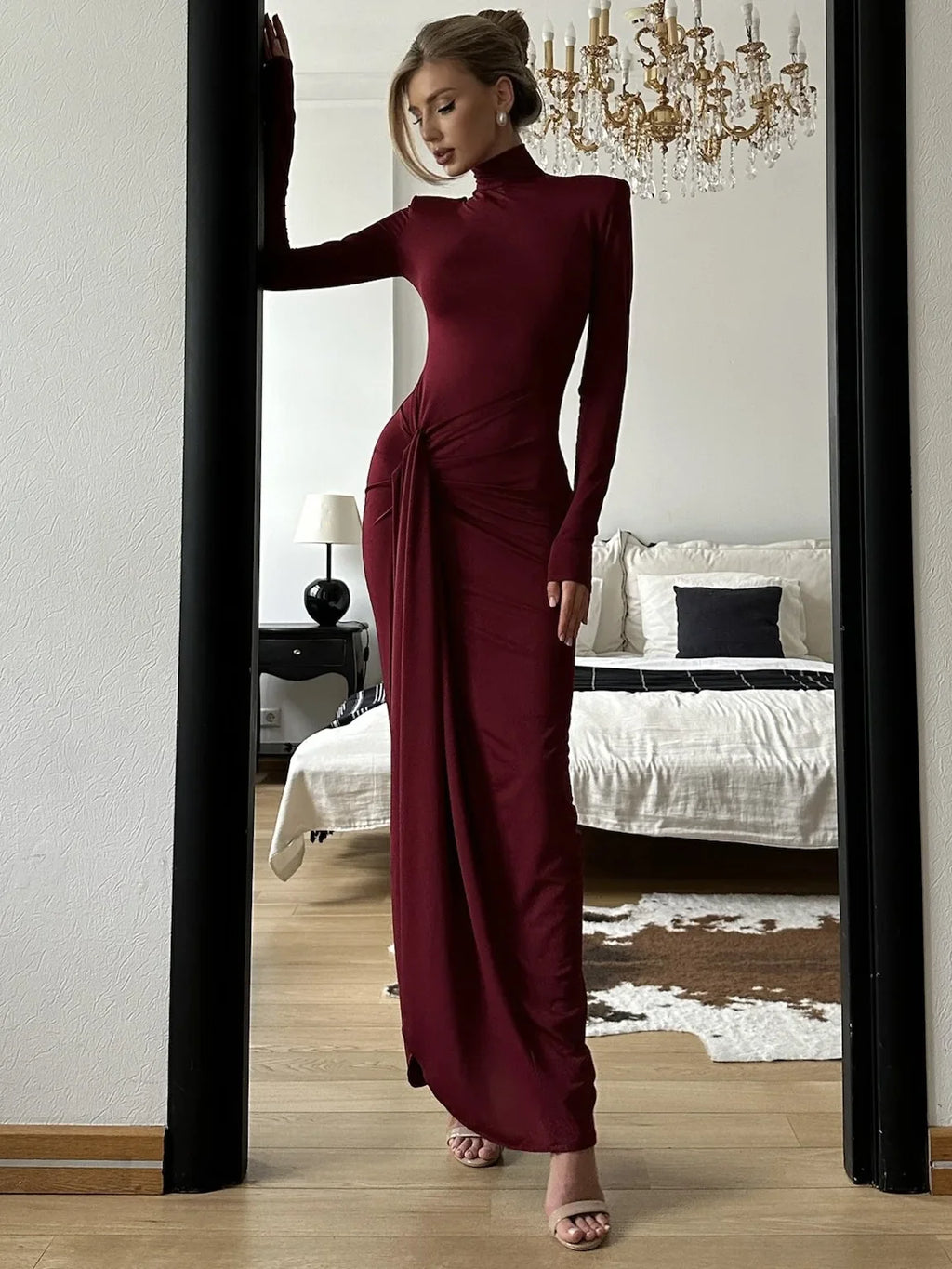 Pleated Bandage Long High Waist Slim Patchwork Long Sleeve Elegant Women's Maxi Dress