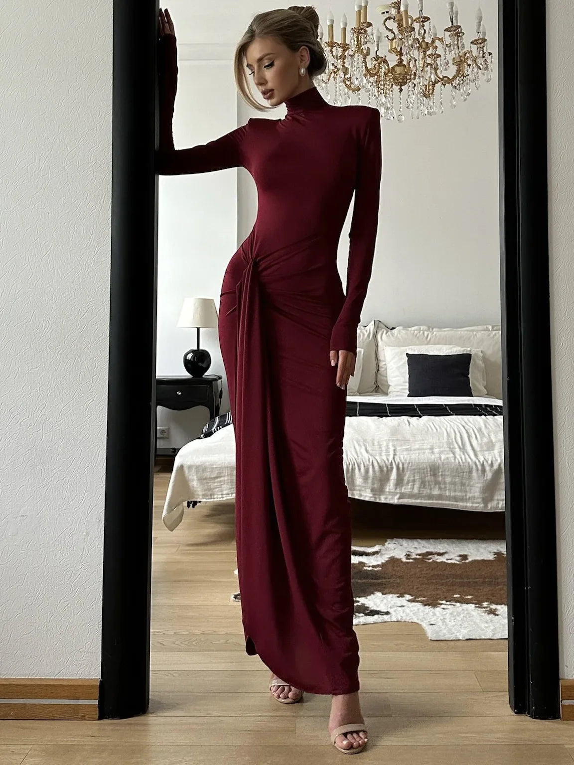 Pleated Bandage Long High Waist Slim Patchwork Long Sleeve Elegant Women's Maxi Dress
