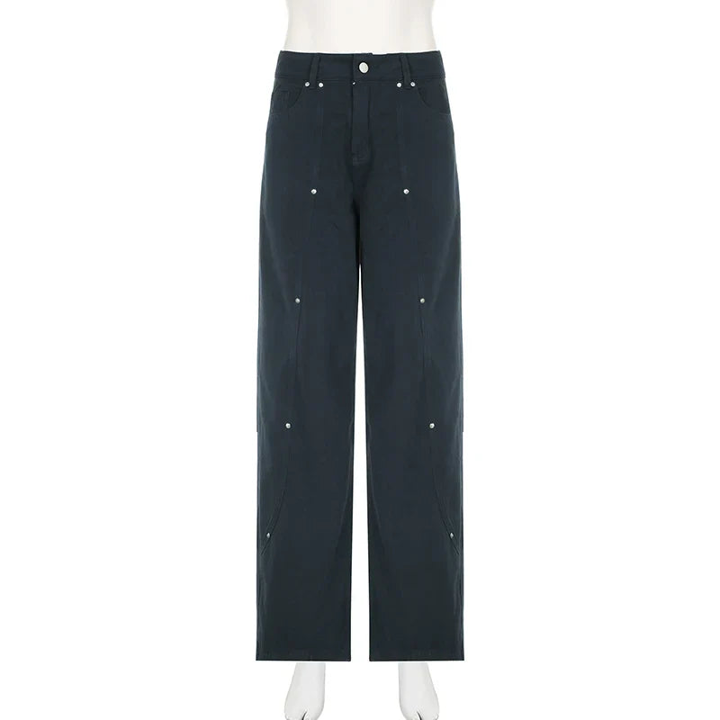 Casual Loose Rivet Jeans Wide Leg Pants Basic Low-Waisted Straight Pants Streetwear