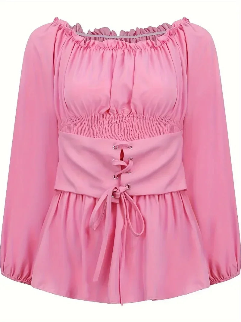 Women's Summer Plus Size 1XL-5XL Outfits Versatile Solid Color Long Sleeve Blouse Fashion Off Shoulder Lace Up Corset Shirt