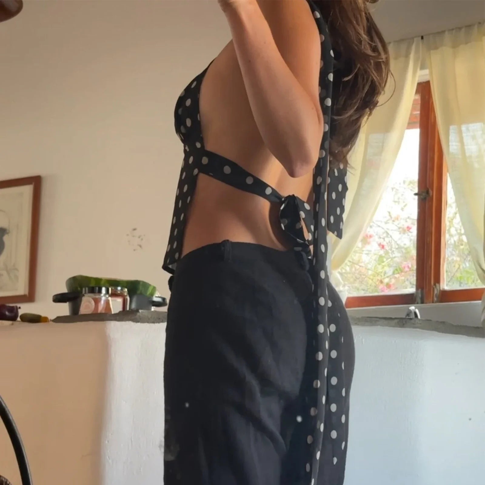 Women Sexy Camisole Top Sleeveless Backless V-Neck Polka Dot Print Tank Top Y2k Coquette Halter Neck Cami Crop Top