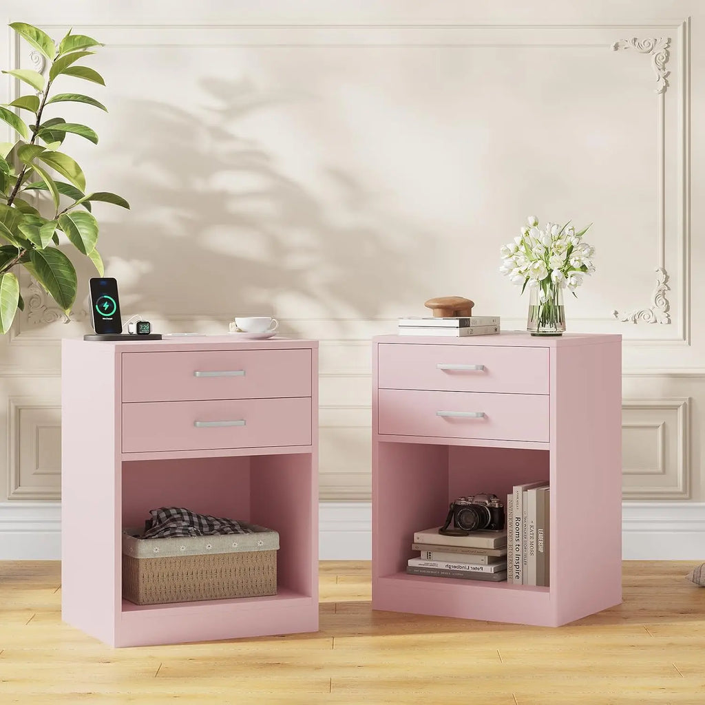 Night Stand Set 2, Pink Nightstand with Charging Station & Drawers, Night Stands for Bedrooms Set of 2, Bedside Table with Drawers