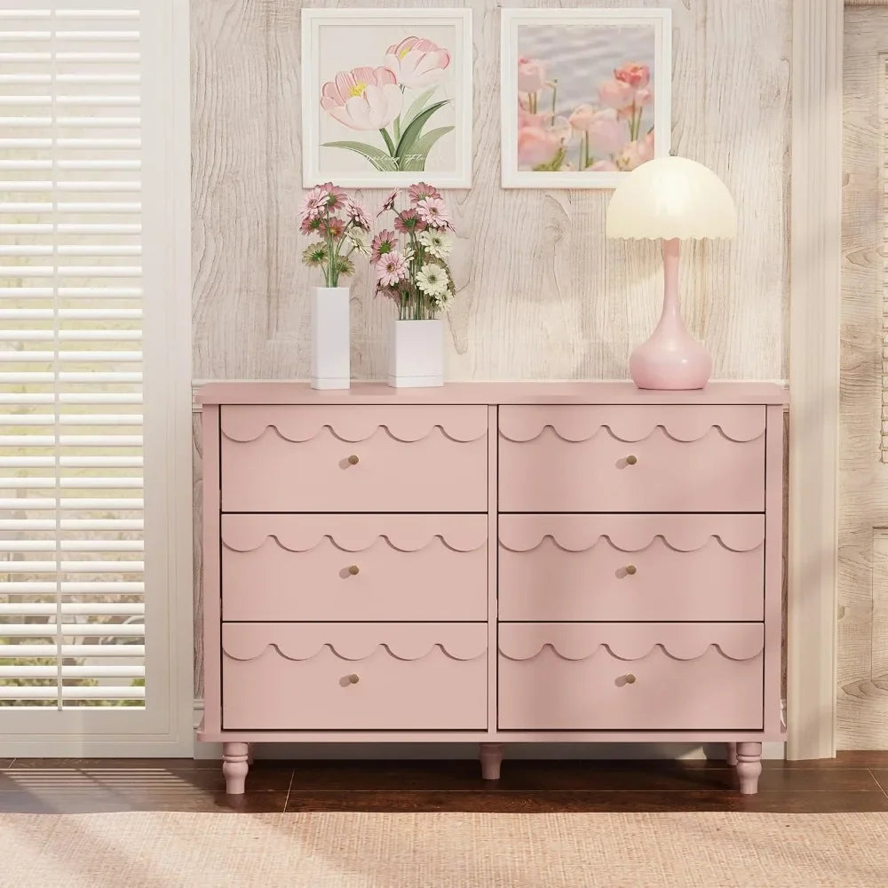 Girls Fluted Petal Scalloped Organizer Storage with Drawers, Pink 6 Drawer Dresser for Bedroom, Modern Wide Chest of Drawers