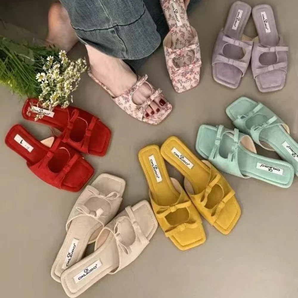 Fashion Butterfly-Knot Ladies Flats Slippers Square Toe Summer Slides Slippers Sandals Shoes For Women