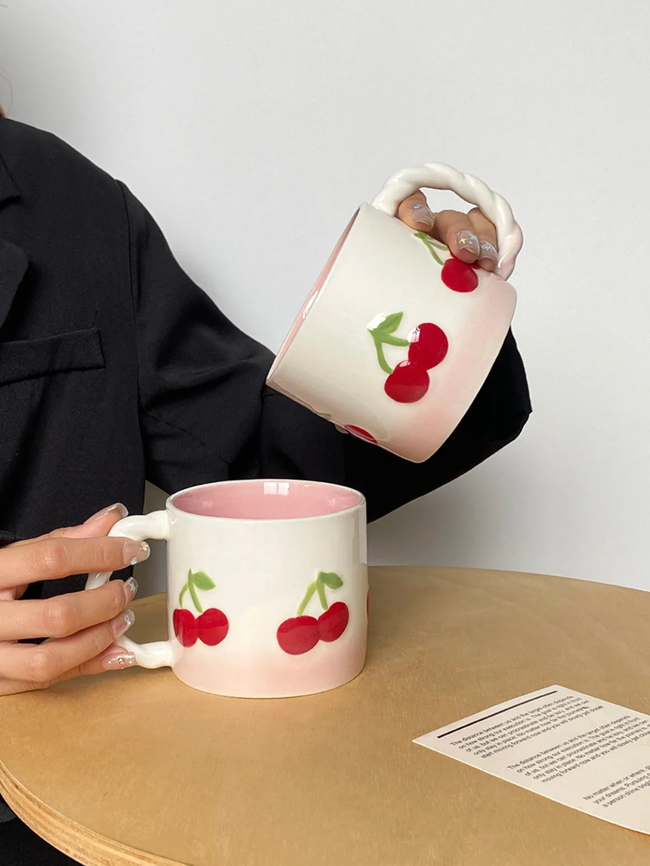 Pink Cherry Ceramic Mug, Twist Handle Ceramic Exquisite Pink Gradient Cup