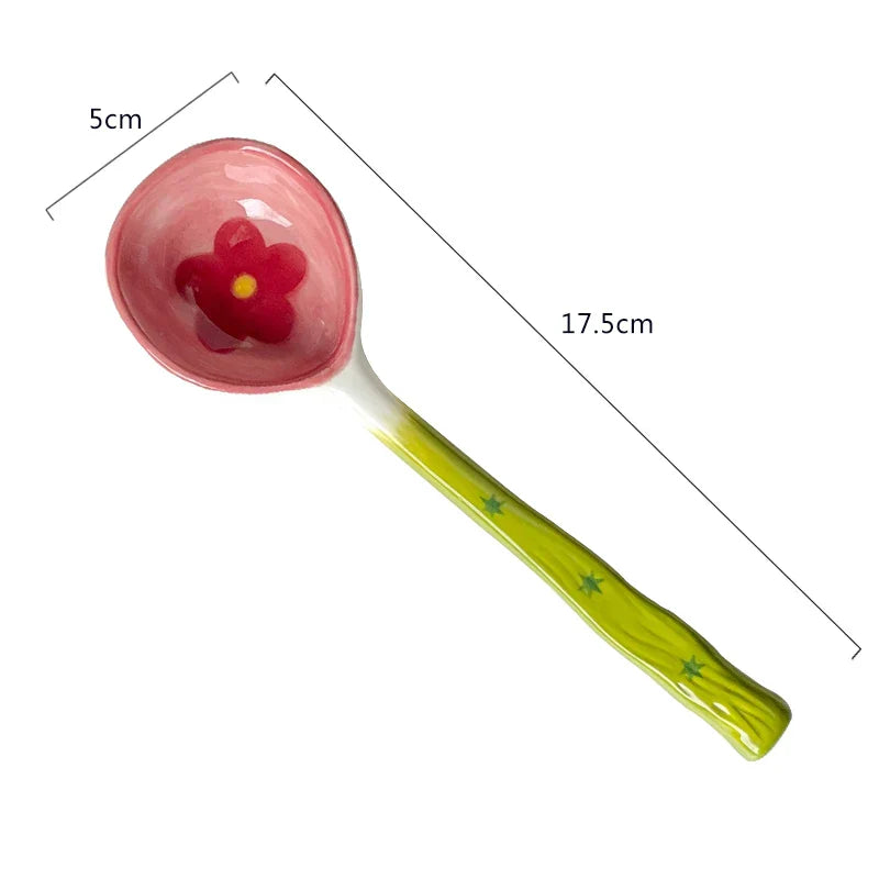 Kawaii Cute Ceramic Flower Spoon Hand Painted Dessert Spoon With Long Handle