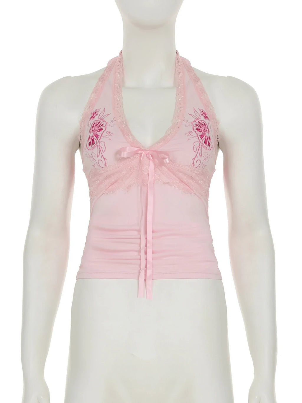 Sweet Embroidery Lace Trim Halter Tops Holiday Deep V-Neck Sleeveless Tank Tops