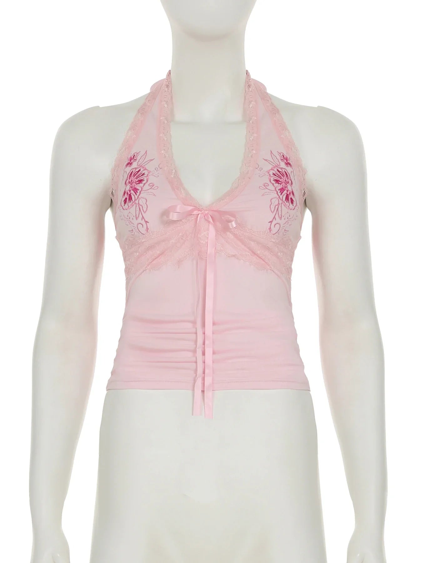 Sweet Embroidery Lace Trim Halter Tops Holiday Deep V-Neck Sleeveless Tank Tops