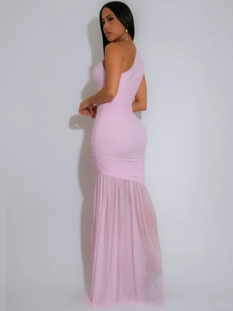 Elegant Women's Single Shoulder Drape Mesh Ruched Long Maxi Chic Summer Pleated Dress