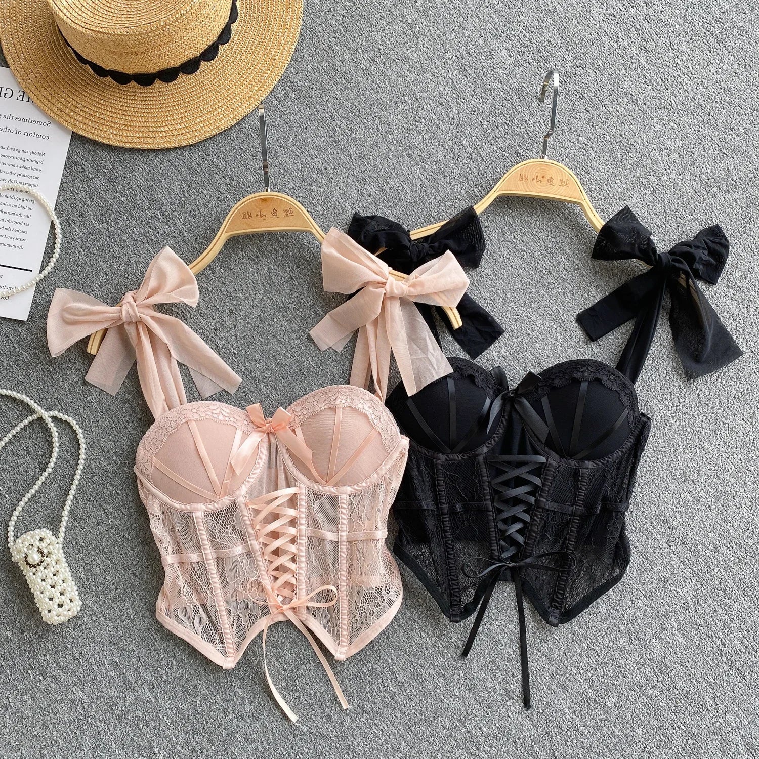 Spaghetti Strap Tank Top for Women Strapless Build in Bra Lace Patchwrok Tulle Bow Camis Summer Casual Female Camisoles