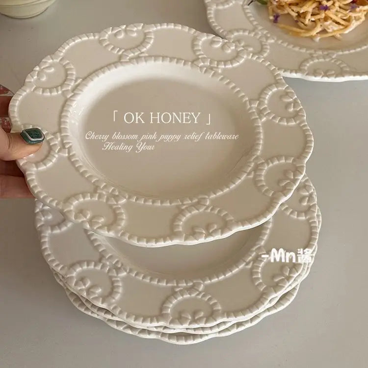French Vintage Relief Dinner Plate White Color Carving Craft Elegant Serving Dish Decorative Platter Household Kitchenware
