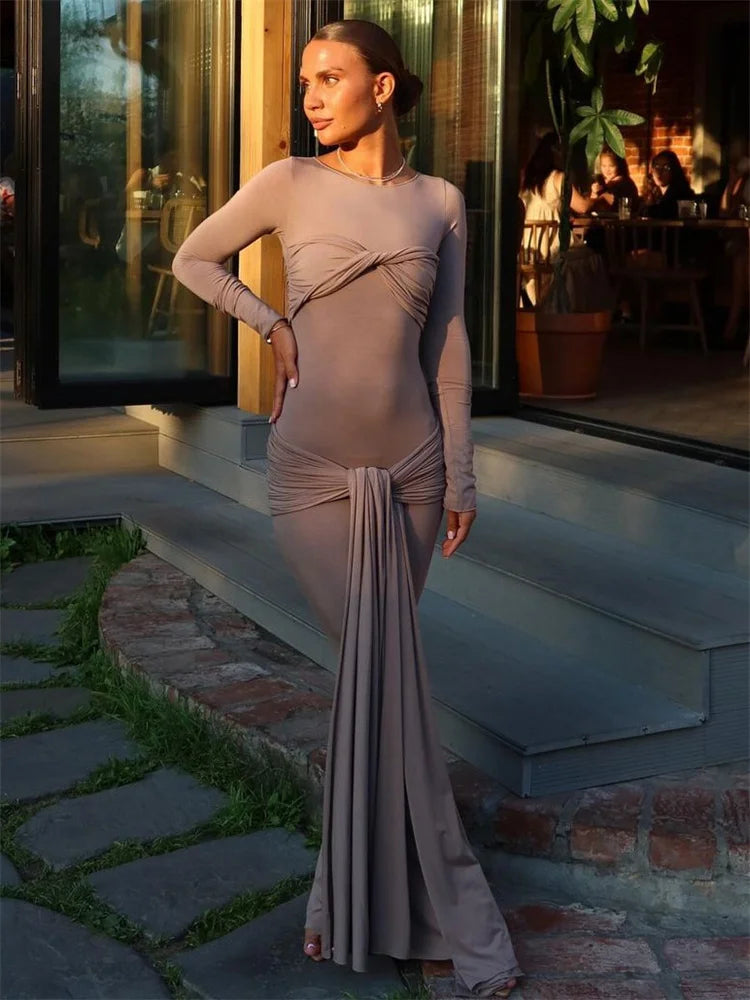 Female Pleated Sexy Maxi Dress Patchwork Twist Slim Long Sleeve Solid Women's Bodycon Dress