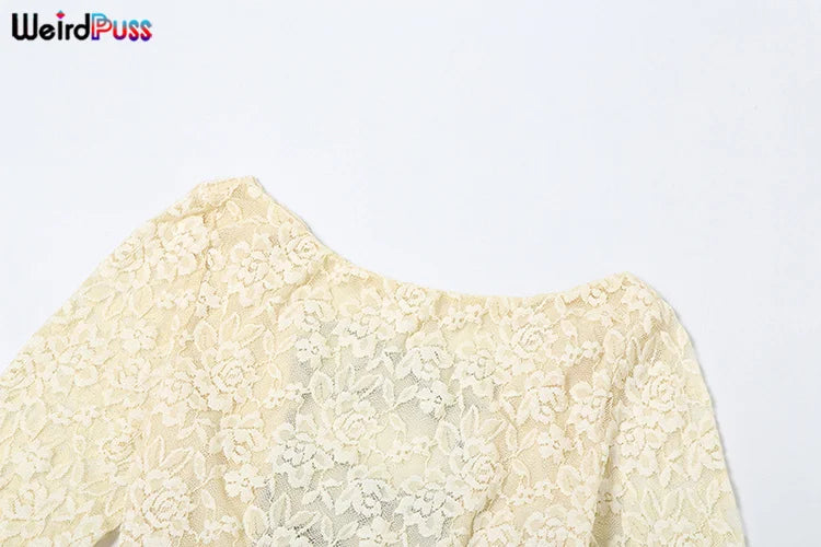 Lace Patchwork Dress Woman Sexy See Through Bandage Backless Ruffles Long Sleeve Irregular Hem Skinny Bodycon