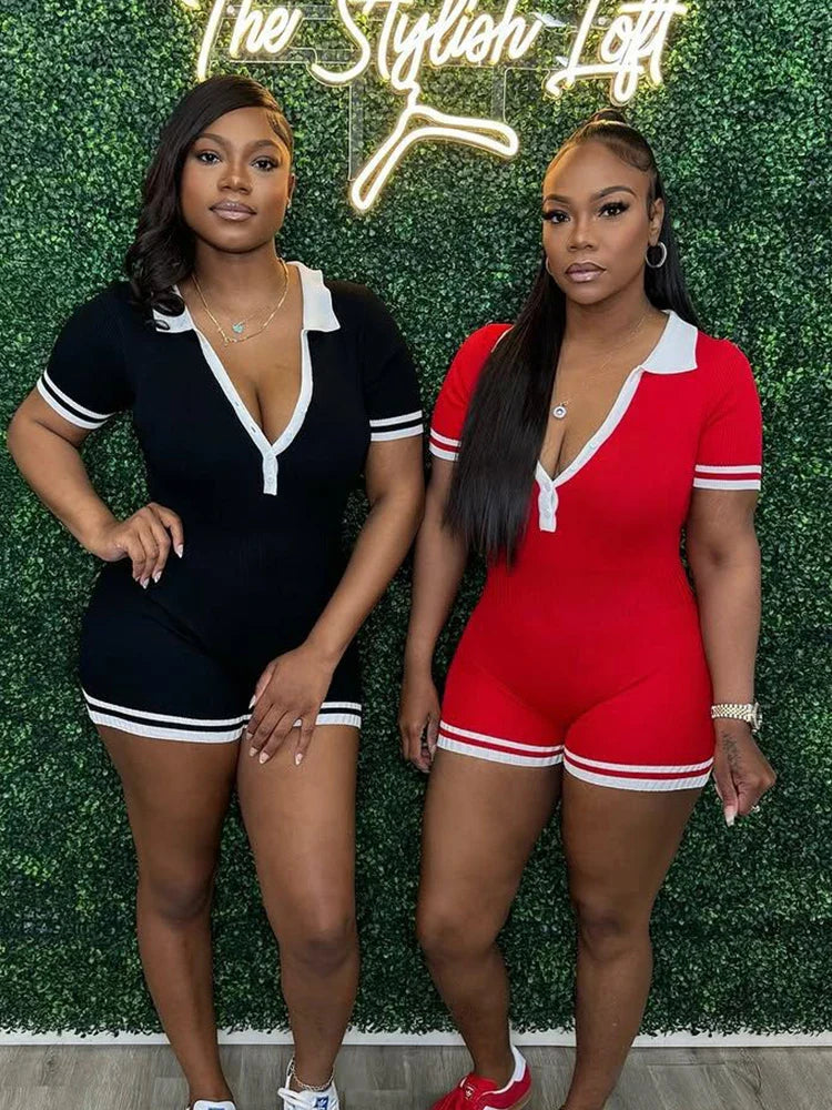 Women Romper Single-Breasted Polo Neck Shorts Sleeve Summer Simple Streetwear Sporty Activity Fitness Playsuit