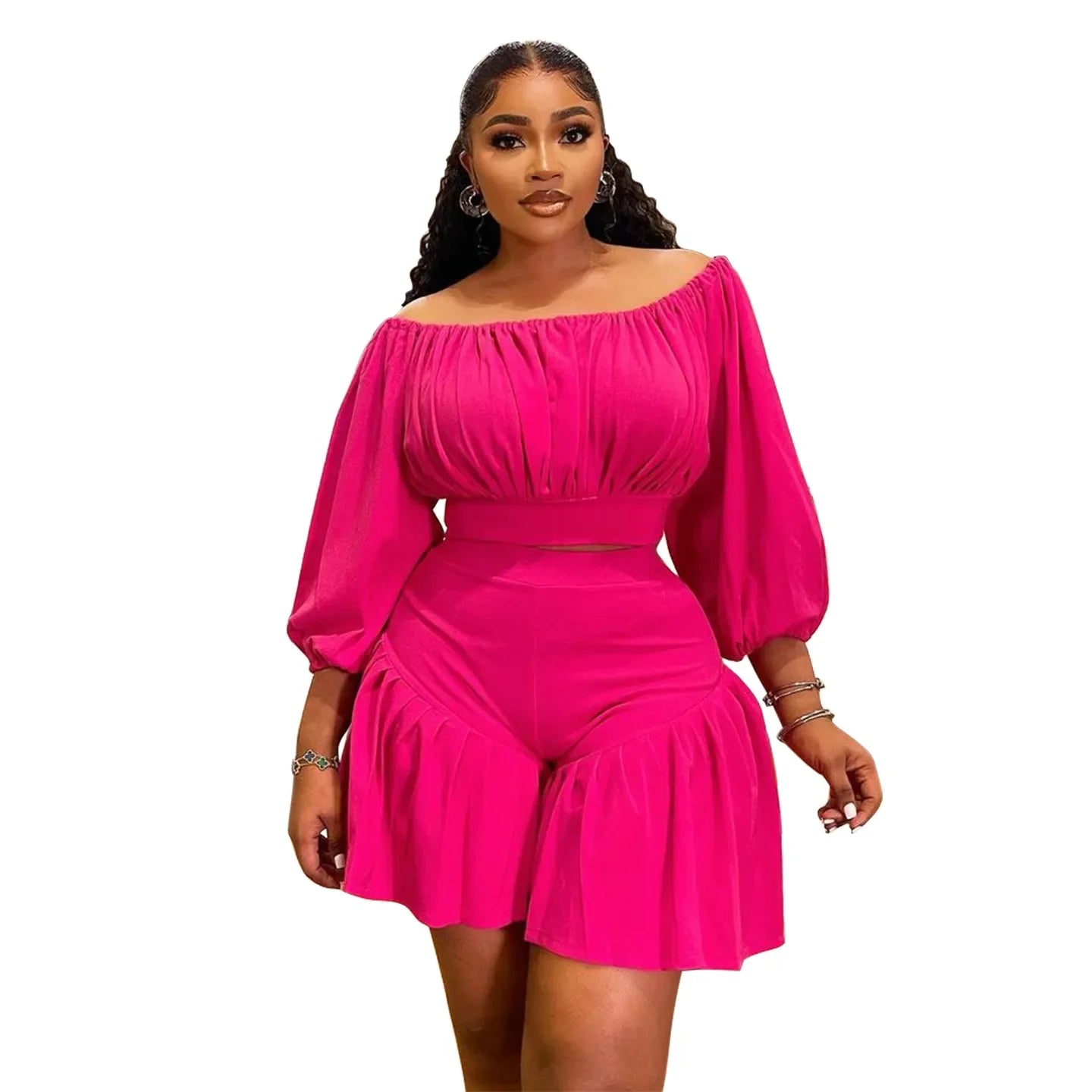 Plus Size Women's Set Long Sleeve Slash Neck T-Shirt and Shorts Summer Ruched Two 2 Piece Set Outfits Tracksuit