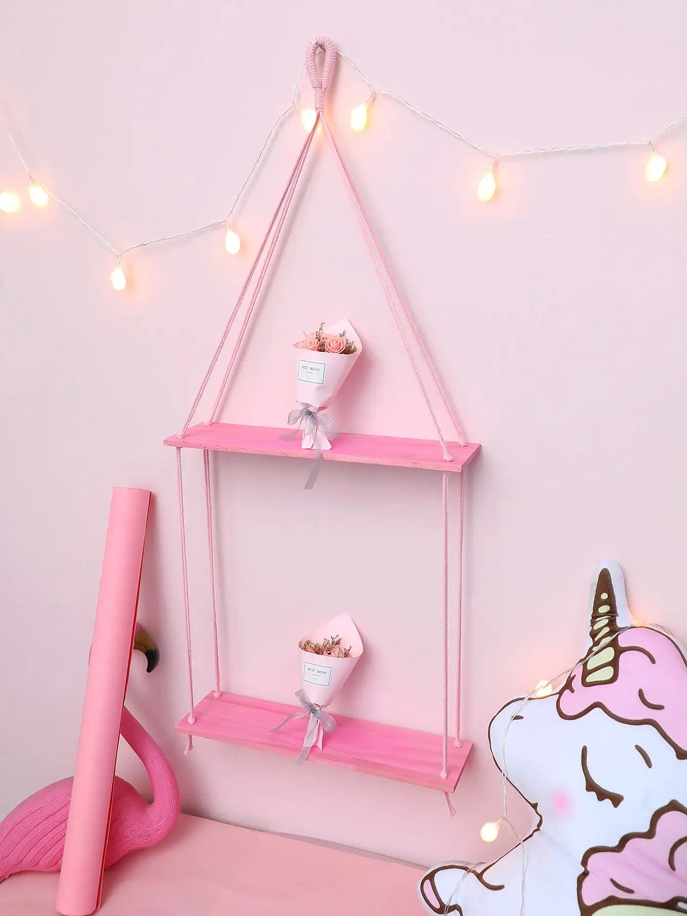 Pink 1/2-tier Hemp Rope Wooden Plant Flower Pot Tray Display Stand Storage Rack Wall Shelves Floating Wall Shelf Home Decoration