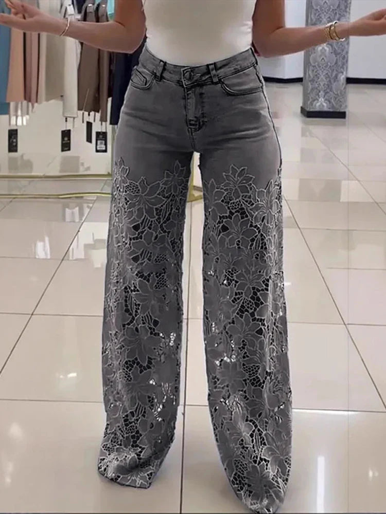 Vintage Hollow Out Lace Flowers Lady Jeans Loose Straight Denim Pants High Street Elegant Summer New Trousers Chic Fashion Pant